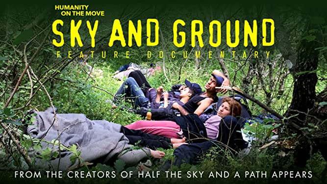 An image of people laying in the grass in a forest, film poster for "Sky and Ground: Feature Documentary"