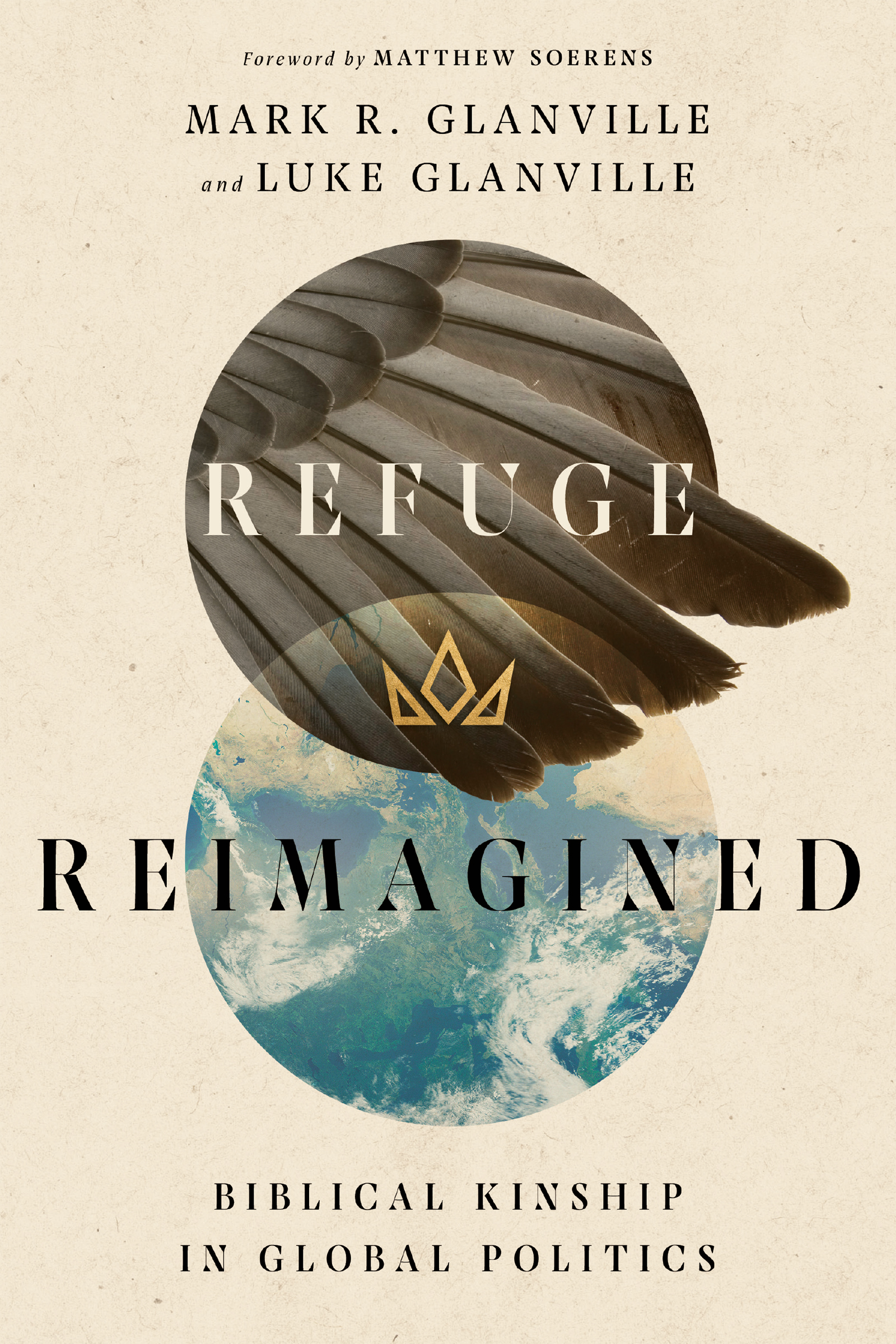 book cover "Refuge Reimagined" two overlapping circles of feathers and oceans