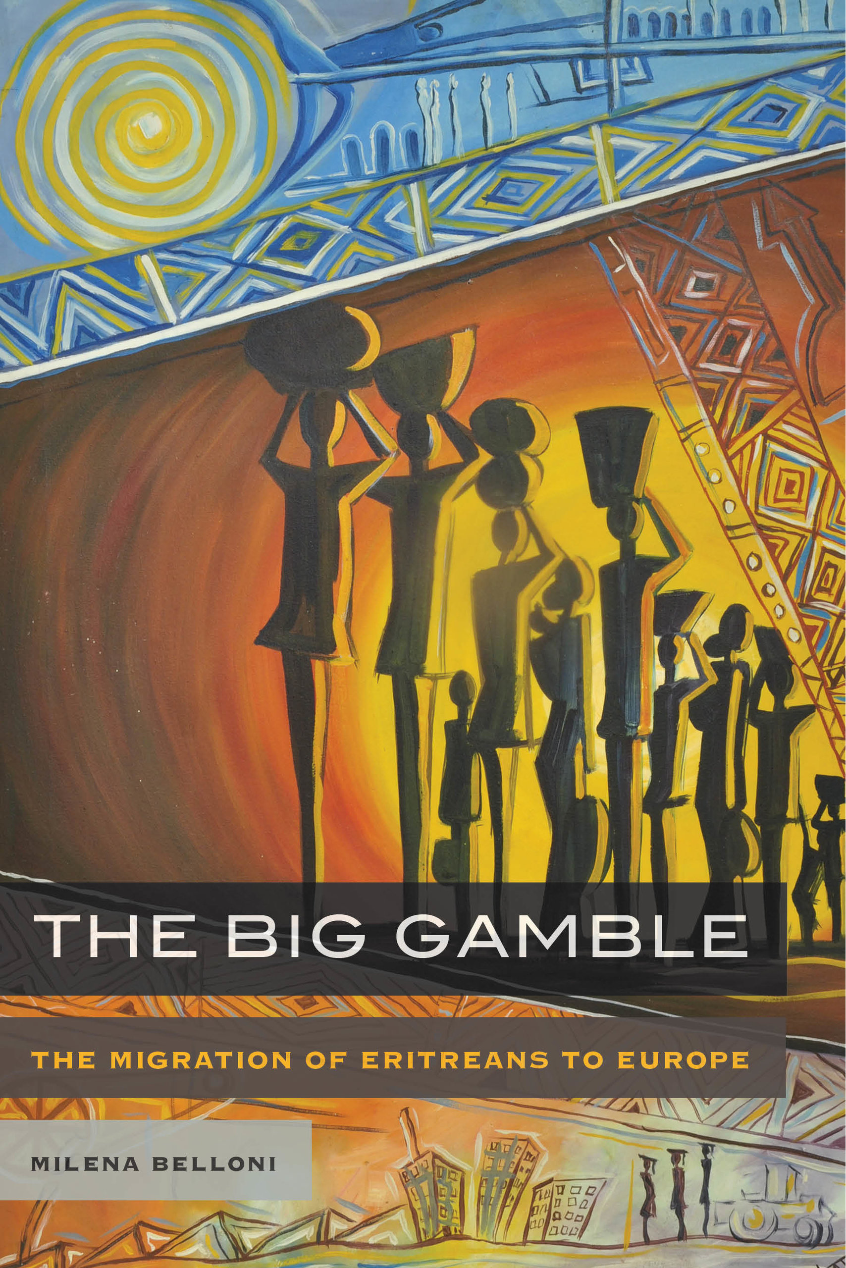 a picture of art featuring women carrying vases, book cover of "The Big Gamble: The Migration of Eritreans to Europe" by Milena Belloni