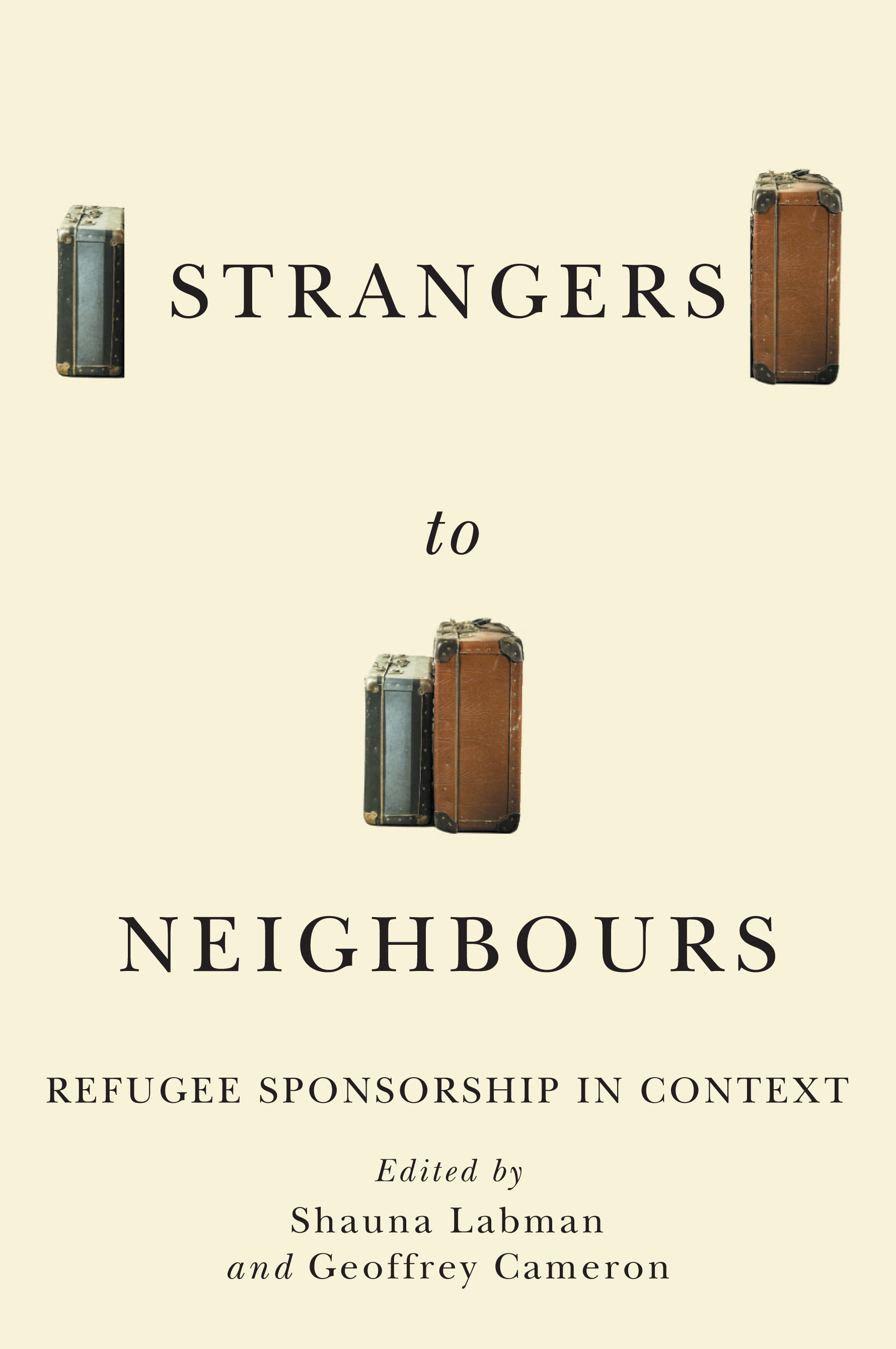 Strangers to neighbours book cover page depicting suitcases